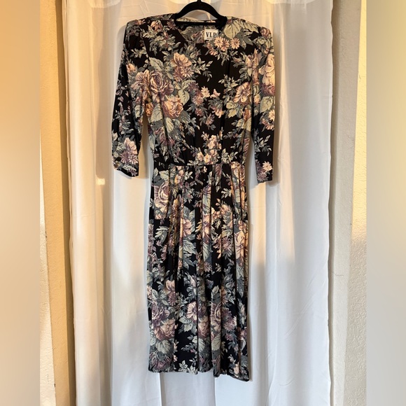 Vintage 90s Floral Midi Dress Union Made USA Size 8 Shoulder Pads - Picture 2 of 15